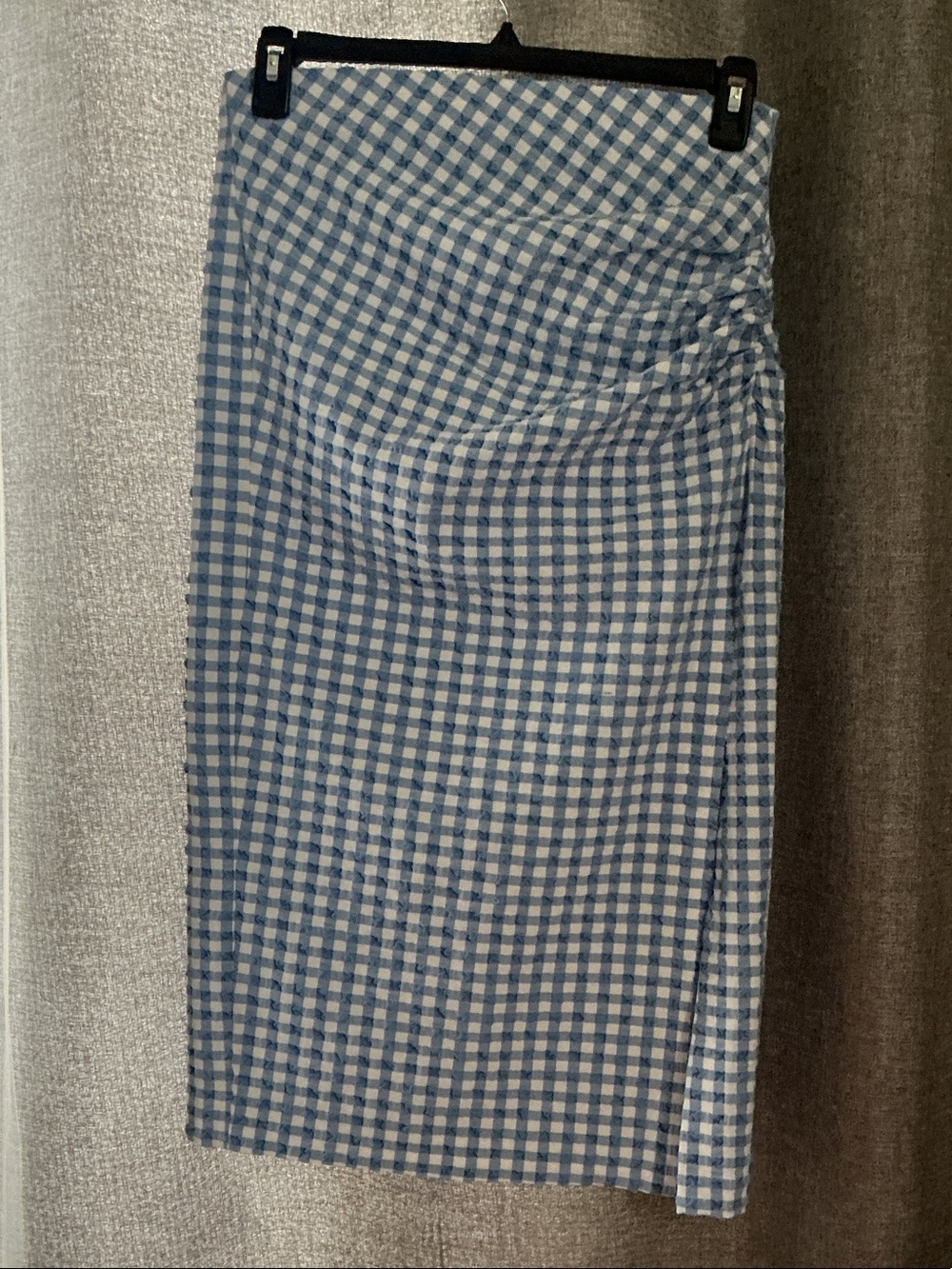 Zara Blue and White Gingham Ruched Pencil Skirt